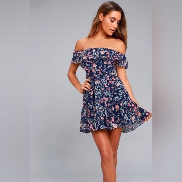 Lulus Women’s My Favorite Navy Floral Print Off The Shoulder Mini Dress Size XS - Picture 2 of 10